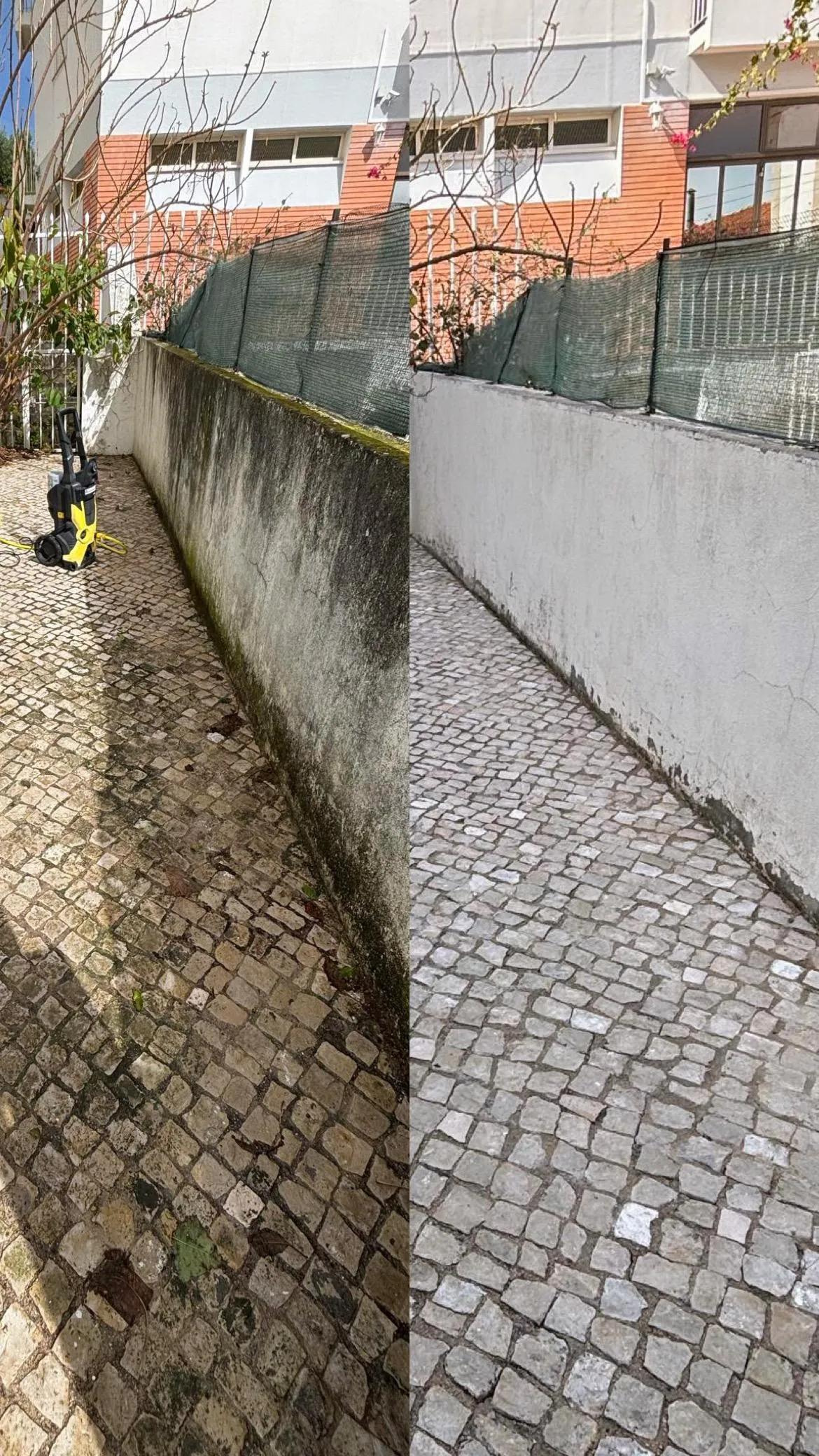 Trabalho profissional de lavagem profissional - muro e calçada antes e depois
